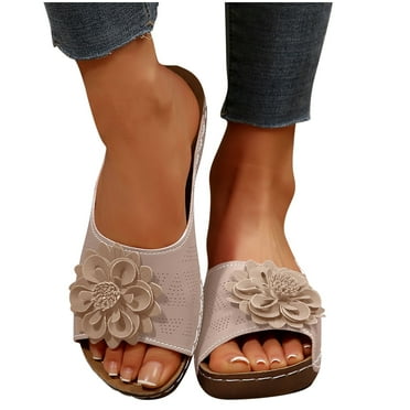 Xfvqtps Wedges for Women Slide Arch Support Open Toe Flower Decor Soft Sole Comfortable Non Slip Breathable Dressy Beach Casual Summer Walking Sandals Beige