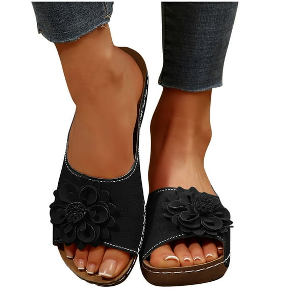 Xfvqtps Wedges for Women Slide Arch Support Open Toe Flower Decor Soft Sole Comfortable Non Slip Breathable Dressy Beach Casual Summer Walking Sandals Black