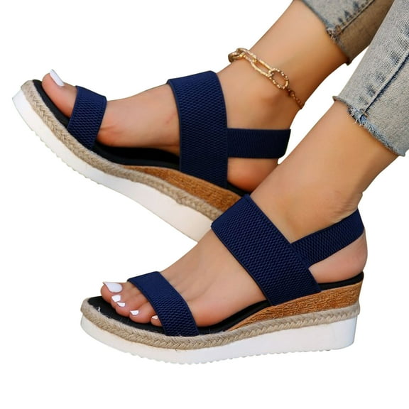 Xfvqtps Wedges for Women Mid Heel Knit Elastic Straps Slip on Side Cutout Open Toe Lightweight Dressy Summer Espadrilles Sandals Blue