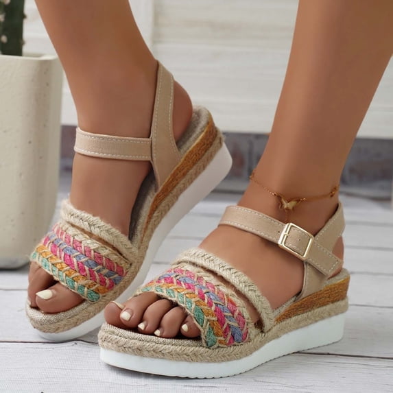 Xfvqtps Wedges for Women Platform Ankle Adjustable Buckle Strap Colorful Flax Straps Open Toe Non Slip Lightweight Summer Casual Espadrilles Khaki