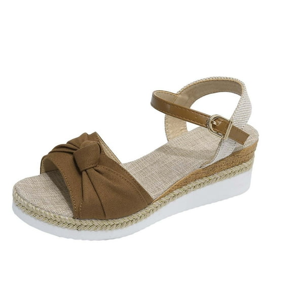 Xfvqtps Wedges for Women Flatform Ankle Adjustable Buckle Strap Flax Insole Bow Open Toe Non Slip Lightweight Summer Casual Espadrilles Brown