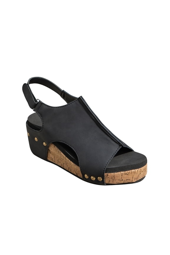 Wedges for Women Flatform Clog Slingback Adjustable Hook and Loop Strap Peep Toe Retro Non Slip Summer Leather Casual Sandals Black