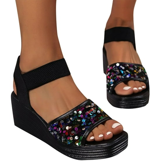 Xfvqtps Wedges for Women Flatform Elastic Strap Slide Open Toe Colorful Sequin Non Slip Lightweight Summer Casual Heeled Sandals Black