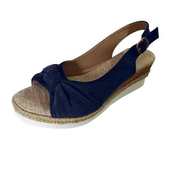Xfvqtps Wedges for Women Flatform Slingback Adjustable Buckle Suede Bow Flax Insole Peep Toe Non Slip Lightweight Summer Casual Espadrilles Blue