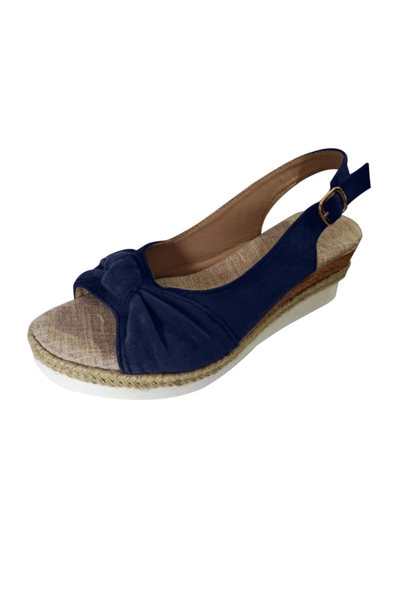 Wedges for Women Flatform Slingback Adjustable Buckle Suede Bow Flax Insole Peep Toe Non Slip Lightweight Summer Casual Espadrilles Blue
