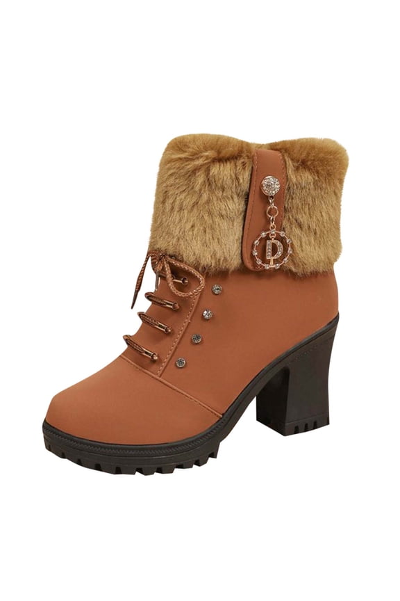 Winter Ankle Boots for Women Fashion Chunky Block Heel Lace up Booties Comfortable Warm Casual Shoes with Metal Buckle Detail Brown