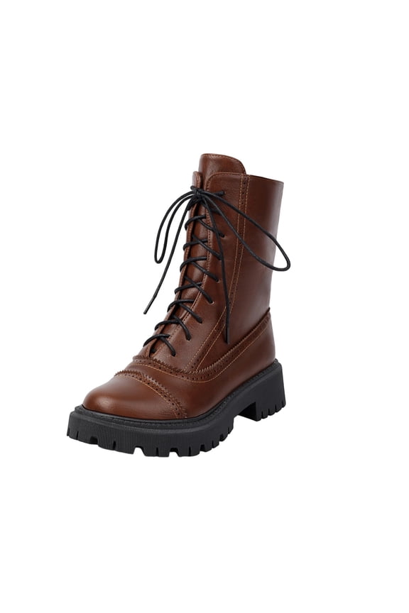 Winter Ankle Boots for Women Fashion Low Heel Lace up Round Toe Comfortable Unique Mint Color Brogue Design Casual Boots Brown