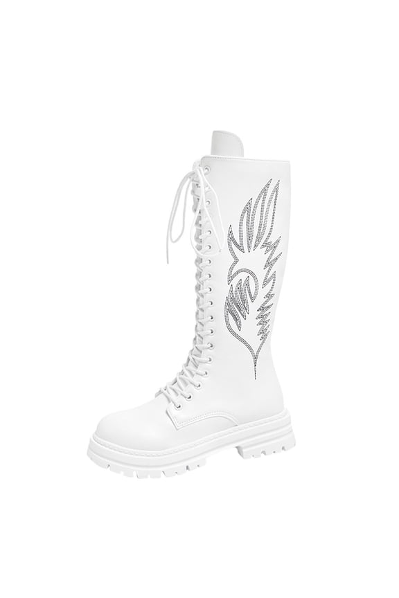 Winter Boots for Women Fashion Knee High Boots Flatform Sole Rhinestone Lace up Martin Boots Non Slip Gothic Style White