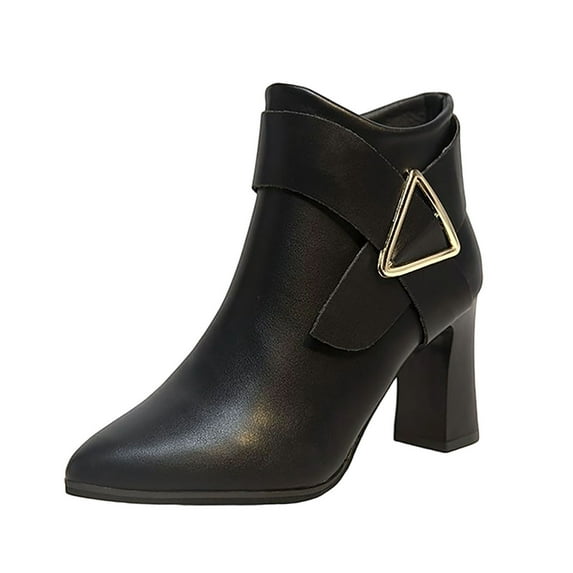 Xfvqtps Winter Boots for Women Faux Leather Pointed Toe Ankle Boots with Chunky Heel Side Zipper Solid Color Fashion Casual Shoes Non Slip Black