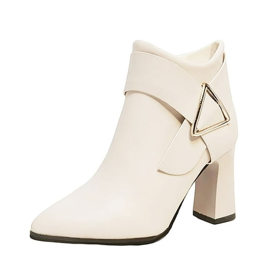 Xfvqtps Winter Boots for Women Faux Leather Pointed Toe Ankle Boots with Chunky Heel Side Zipper Solid Color Fashion Casual Shoes Non Slip White