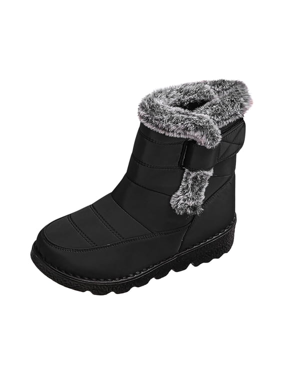 Winter Boots for Women Mid Calf Waterproof Snow Boots with Plush Fleece Lining Slip on Design Adjustable Strap for Outdoor Cold Weather Black