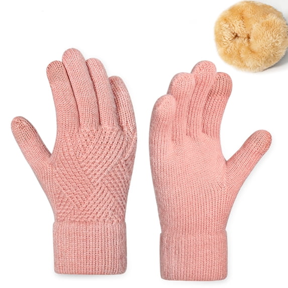 Xfvqtps Winter Gloves for Men and Women Touch Screen Knit Plush Lined Cold Weather Thermal Warm Glove for Running Driving Hiking Pink