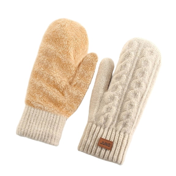Xfvqtps Winter Mittens for Women Knit Fluffy Solid Color Plush Lined Thermal Warm Outdoor Winter Gloves Beige