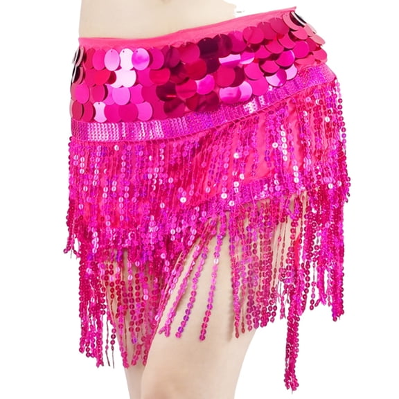 Xfvqtps Woman Sequin Dance Skirt Tassel Square Belt Belly Dancing Waist Towel Waist Chain Hip Towel Performance Skirt Hot Pink