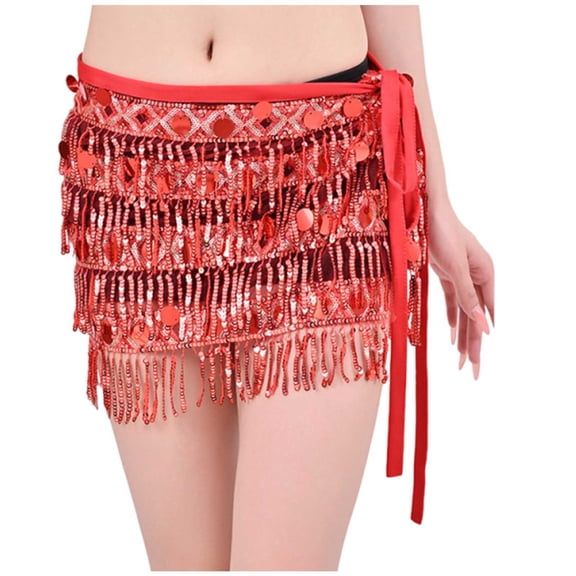 Xfvqtps Woman Sequin Dance Skirt Tassel Square Belt Belly Dancing Waist Towel Waist Chain Hip Towel Performance Skirt Red