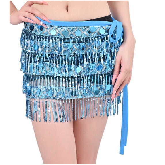 Xfvqtps Woman Sequin Dance Skirt Tassel Square Belt Belly Dancing Waist Towel Waist Chain Hip Towel Performance Skirt Sky Blue