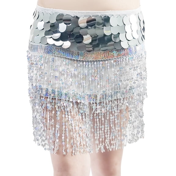 Xfvqtps Woman Sequin Dance Skirt Tassel Square Belt Belly Dancing Waist Towel Waist Chain Hip Towel Performance Skirt White
