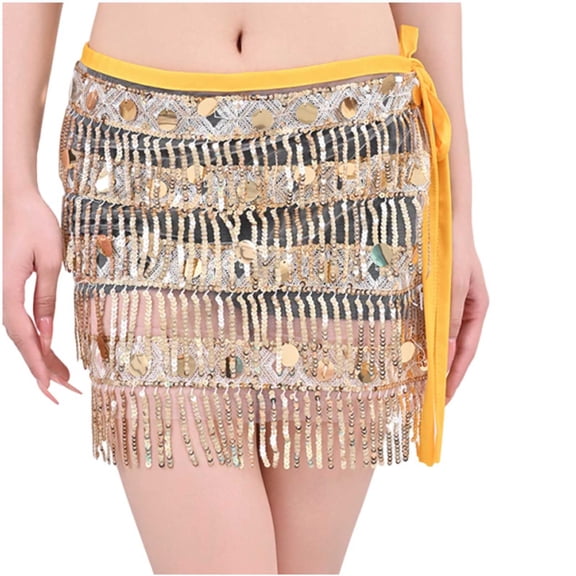Xfvqtps Woman Sequin Dance Skirt Tassel Square Belt Belly Dancing Waist Towel Waist Chain Hip Towel Performance Skirt Yellow
