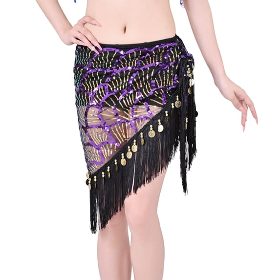 Xfvqtps Woman Sequin Dance Skirt Tassel Triangular Belt Belly Dancing Waist Towel Waist Chain Hip Towel Performance Skirt Purple