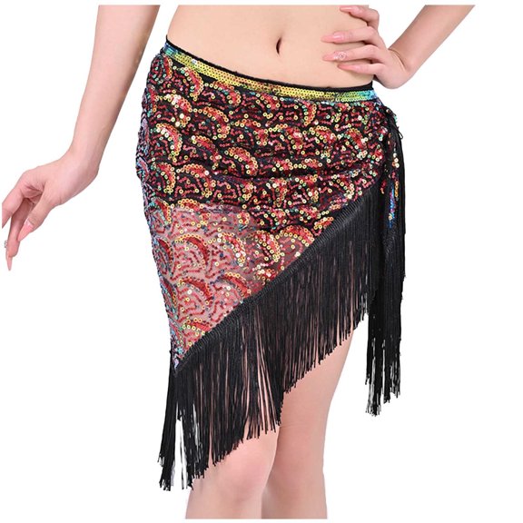 Xfvqtps Woman Sequin Dance Skirt Tassel Triangular Belt Belly Dancing Waist Towel Waist Chain Hip Towel Performance Skirt Red