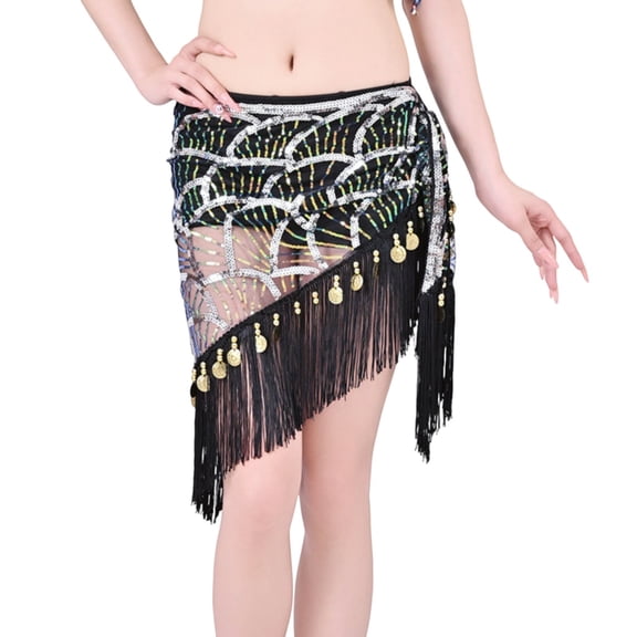 Xfvqtps Woman Sequin Dance Skirt Tassel Triangular Belt Belly Dancing Waist Towel Waist Chain Hip Towel Performance Skirt White