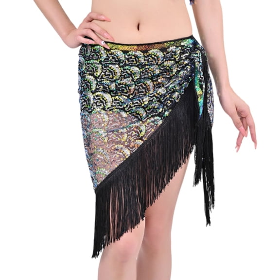 Xfvqtps Woman Sequin Dance Skirt Tassel Triangular Belt Belly Dancing Waist Towel Waist Chain Hip Towel Performance Skirt White