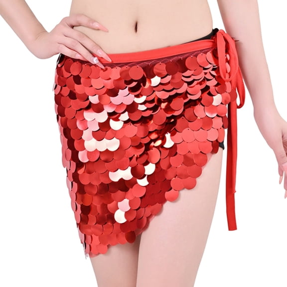 Xfvqtps Woman Sequin Dance Skirt Triangular Belt Belly Dancing Waist Towel Waist Chain Hip Towel Performance Skirt Red