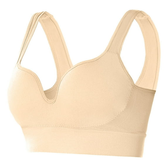 Xfvqtps Women Bras Push up Gather Together Deep V Neck Elastic Solid Color Standard Strap Sports Bras Beige