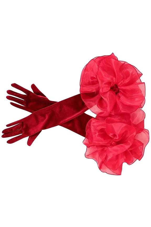 Women Bridal Wedding Long Red Gloves Lace Velvet Petal Opera Party 1920s Fancy Special Occasion Dress Formal Dancing Red(Long)