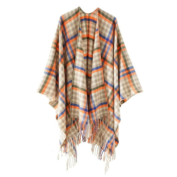 Xfvqtps Women Cape Color Blocking Open Front Fringed Hem Large Size Plaid Loose Windproof Coldproof Warm Winter Shawl Wraps Beige