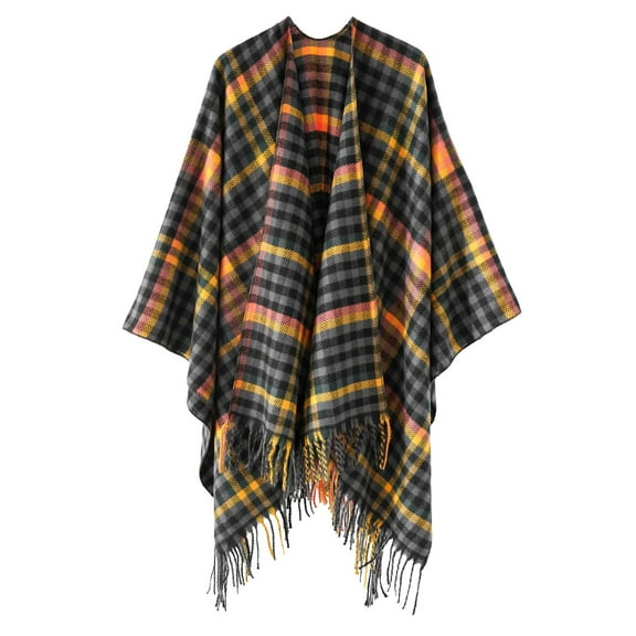 Xfvqtps Women Cape Color Blocking Open Front Fringed Hem Large Size Plaid Loose Windproof Coldproof Warm Winter Shawl Wraps Black