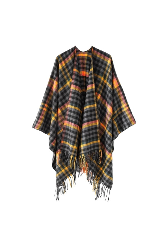 Women Cape Color Blocking Open Front Fringed Hem Large Size Plaid Loose Windproof Coldproof Warm Winter Shawl Wraps Black