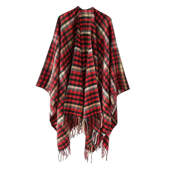 Xfvqtps Women Cape Color Blocking Open Front Fringed Hem Large Size Plaid Loose Windproof Coldproof Warm Winter Shawl Wraps Red