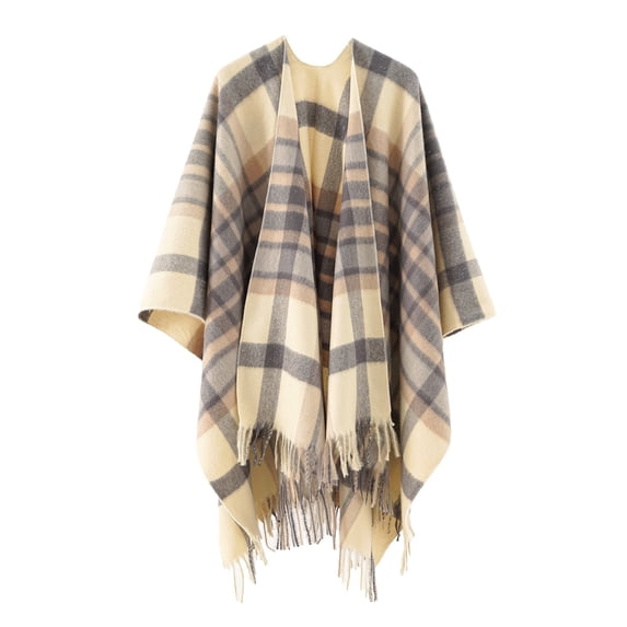 Xfvqtps Women Cape Color Blocking Open Front Fringed Hem Wool Plaid Large Size Comfortable Soft Loose Windproof Coldproof Warm Winter Shawl Wraps Beige