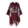 thumbnail image 1 of Xfvqtps Women Cape Color Blocking Open Front Fringed Hem Wool Plaid Large Size Comfortable Soft Loose Windproof Coldproof Warm Winter Shawl Wraps Wine, 1 of 2