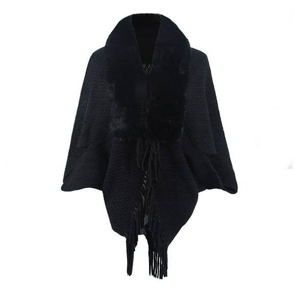Xfvqtps Women Cape Faux Fur Collar Cloak Crochet Fringed Hem Solid Color Loose Windproof Coldproof Warm Winter Long Coat Black