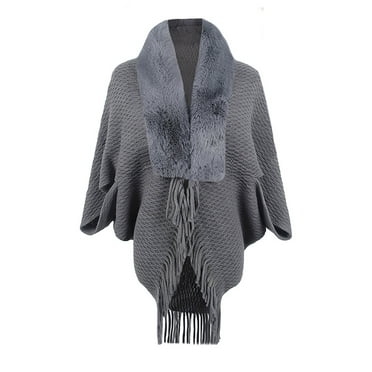 Xfvqtps Women Cape Faux Fur Collar Cloak Crochet Fringed Hem Solid Color Loose Windproof Coldproof Warm Winter Long Coat Gray
