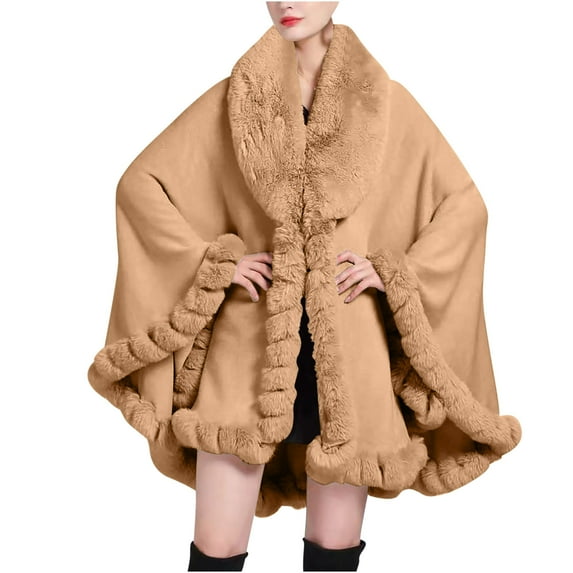Xfvqtps Women Cape Faux Fur Collar Cloak Plush Edge Open Front Solid Color Large Size Loose Thickened Windproof Coldproof Warm Winter Long Coat Khaki