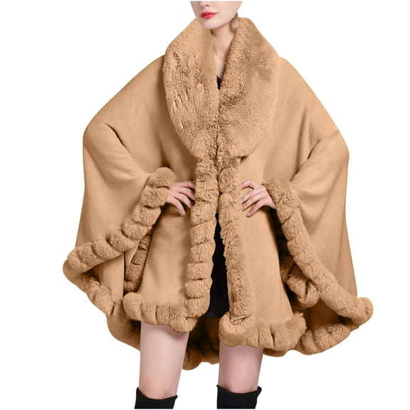 Xfvqtps Women Cape Faux Fur Collar Cloak Plush Edge Open Front Solid Color Large Size Loose Thickened Windproof Coldproof Warm Winter Long Coat Khaki