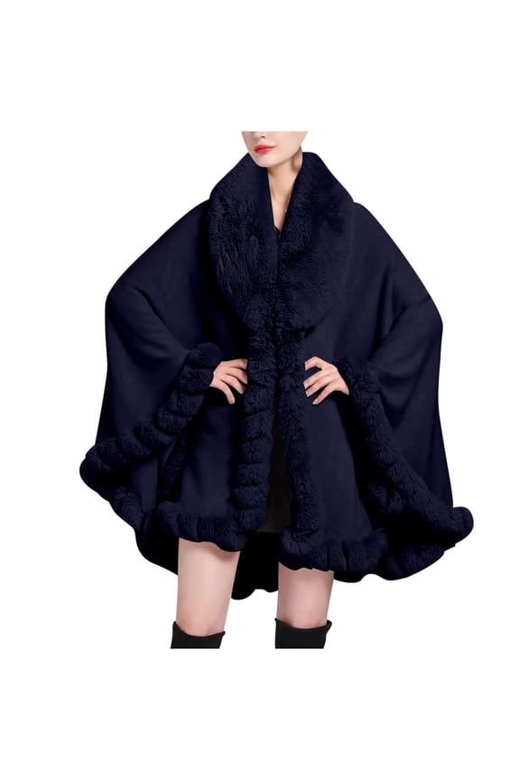 Women Cape Faux Fur Collar Cloak Plush Edge Open Front Solid Color Large Size Loose Thickened Windproof Coldproof Warm Winter Long Coat Navy