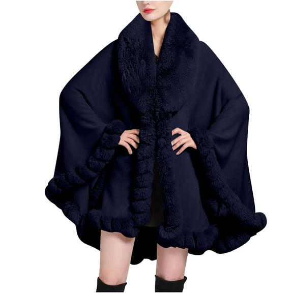 Xfvqtps Women Cape Faux Fur Collar Cloak Plush Edge Open Front Solid Color Large Size Loose Thickened Windproof Coldproof Warm Winter Long Coat Navy
