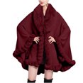 thumbnail image 1 of Xfvqtps Women Cape Faux Fur Collar Cloak Plush Edge Open Front Solid Color Large Size Loose Thickened Windproof Coldproof Warm Winter Long Coat Wine, 1 of 1