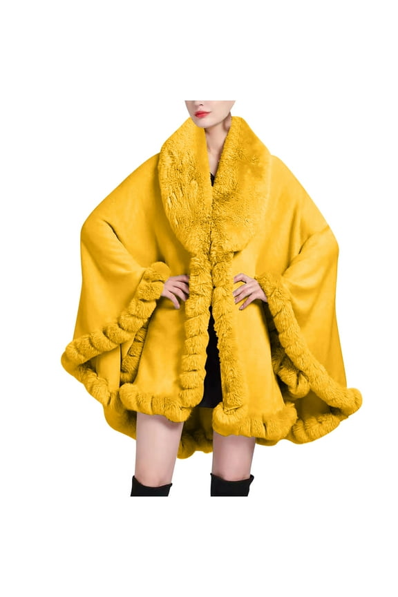 Women Cape Faux Fur Collar Cloak Plush Edge Open Front Solid Color Large Size Loose Thickened Windproof Coldproof Warm Winter Long Coat Yellow