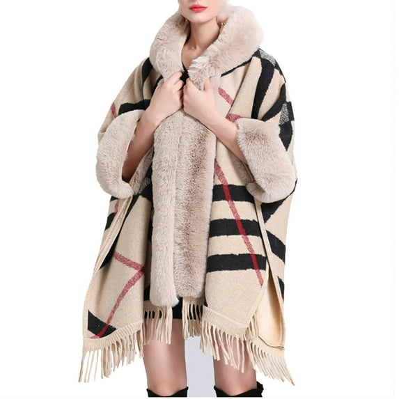 Xfvqtps Women Cape Faux Fur Collar Cloak Tassel Fashion Print Thickened Warm Loose Streetwear Windproof Coldproof Warm Winter Long Coat Black