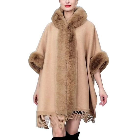 Xfvqtps Women Cape Faux Fur Collar Cloak Tassel Fashion Print Thickened Warm Loose Streetwear Windproof Coldproof Warm Winter Long Coat Brown