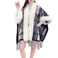 thumbnail image 1 of Xfvqtps Women Cape Faux Fur Collar Cloak Tassel Hem Fashion Plaid Print Open Front Thickened Warm Loose Streetwear Windproof Coldproof Warm Winter Long Coat Gray, 1 of 6