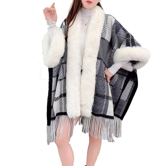 Xfvqtps Women Cape Faux Fur Collar Cloak Tassel Hem Fashion Plaid Print Open Front Thickened Warm Loose Streetwear Windproof Coldproof Warm Winter Long Coat Gray