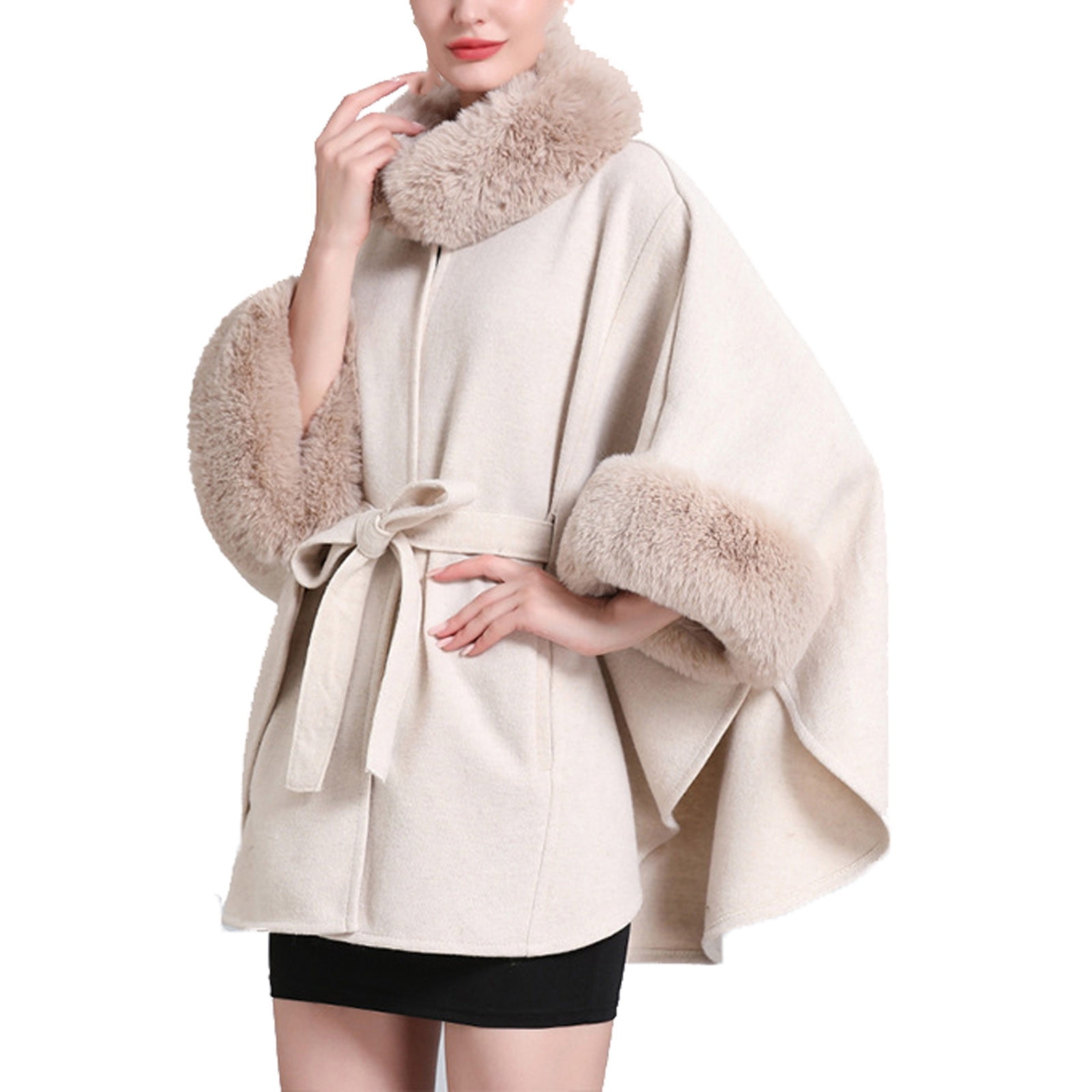 Xfvqtps Women Cape Faux Fur Collar Cloak with Belt Solid Color ...