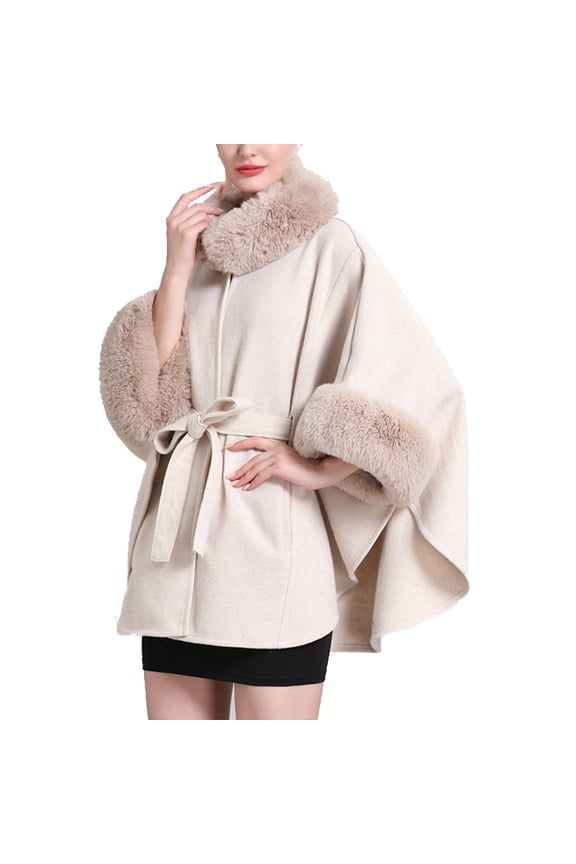 Women Cape Faux Fur Collar Cloak with Belt Solid Color Thickened Warm Loose Streetwear Windproof Coldproof Warm Winter Long Coat Beige