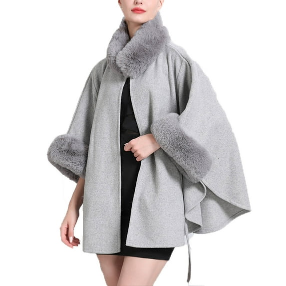 Xfvqtps Women Cape Faux Fur Collar Cloak with Belt Solid Color Thickened Warm Loose Streetwear Windproof Coldproof Warm Winter Long Coat Gray